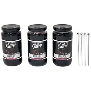 Lara’s Gourmet Passions Collins Bourbon Cherries (Pack of 3) bundled with complimentary 4-count Stainless Steel Cocktail Picks For Perfect Old Fashined or Manhattan Cocktails, 11Oz