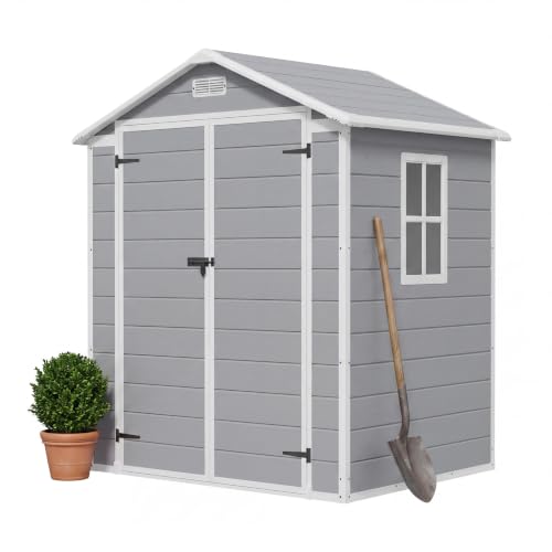Image of Patiowell 6 x 4 FT Plastic Outdoor Storage Shed with Floor, Resin Outside Sheds with Window, Garden Tool Shed with Lockable Door for Patio Storage, Backyard, Light Gray