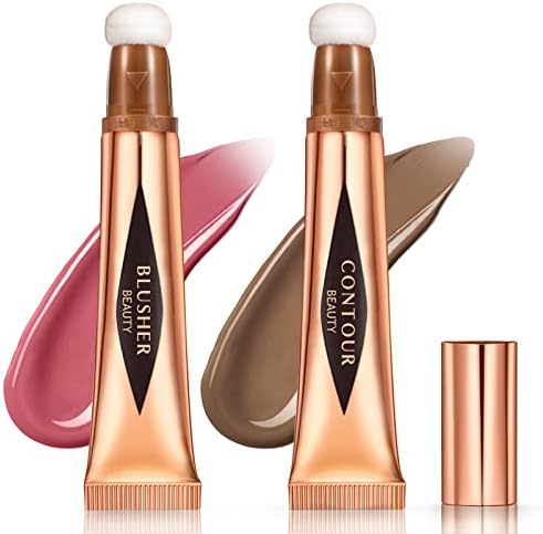 HOSAILY 2Pcs Contour Beauty Wand Liquid Contour Blush Stick with Cushion Applicator Long Lasting Lightweight Blendable Cream Smooth Natural Matte Dewy Finish Face Rouge Liquid Bronzer Makeup (02+05)