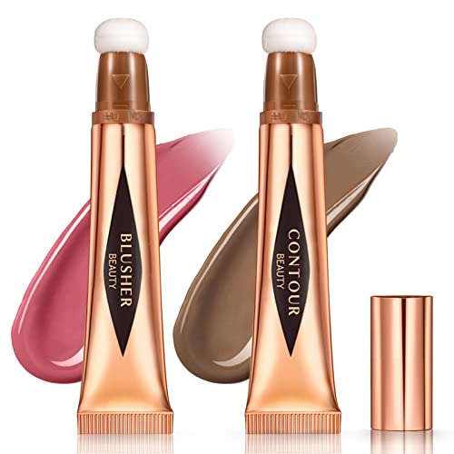 Hosaily 2Pcs Contour Beauty Wand Liquid Contour Blush Stick With Cushion Applicator Long Lasting Lightweight Blendable Cream Smooth Natural Matte Dewy Finish Face Rouge Liquid Bronzer Makeup (02+05) #TOP3