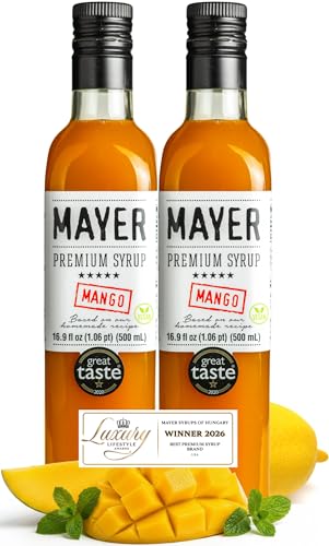 Image of Mayer Mango Syrup for Drinks & Cocktails - Handcrafted in Hungary, Natural Mango Flavoring Syrup - Handcrafted with 100% Real Fruits for Martini, Mocktail, Smoothie, Lemonade, Pancakes, Ice Cream - Vegan, Gluten-Free - (16.9 Fl Oz each / Pack of 2)