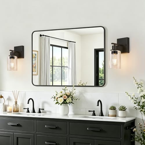 Image of Indoi Set of 2 Wall Sconces for Bathroom, Matte Black Modern Vanity Lights with Clear Glass Shade, Bathroom Wall Lamp for Mirror Kitchen Living Room Hallway Cabinet Porch