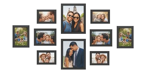 Innoteck Set of 10 Picture Frames - Multi Photo MDF Wood Frame Black, Includes two 28x23 cm (11x9), four 20x15 cm (8x6), four 18x13 cm (7x5) - Modern Wall Gallery Photo Frames for Home Decor