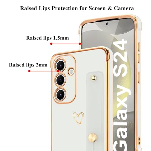 LLZ.COQUE for Samsung Galaxy S24 Case for Women Girls, Bling Luxury Plated with Love-Heart Design Cover, Adjustable Hand Strap Stand, Bumper Shockproof Protective for Samsung Galaxy S24 5G - White by LLZ.COQUE - Image 5