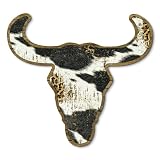 Putuo Decor Cow Skull Wall Decor Leopard Cowhide Print Faux Wood Bull Head Sign for Western Farmhouse Boho Decoration, Rustic Longhorn Wall Art for Living Room Bedroom
