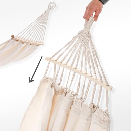 Campela Doppelhängematte mit Spreizstäben – 200 x 150 cm, 240 kg – Baumwoll-Polyester, Boho Beige – für Garten, Balkon, Terrasse und Camping – inkl. Tragetasche und Montageset