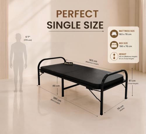 Image of Honey Touch Atlas Folding Bed Single with Double Layer Mattress | No Assembly Required | Foldable Bed for Sleeping /Guests /Rented Apartments /Bedroom (2.5ft x 6ft, Black)