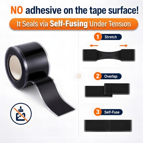 Image of Self Fusing Silicone Tape (40 Ft Total) Plumbing Tape for Repaire Pipe | Flex Seal Tape, Black Rubber Tape Weatherproof for Electrical Cables /Drain Pipe, Heat Resistant 500F