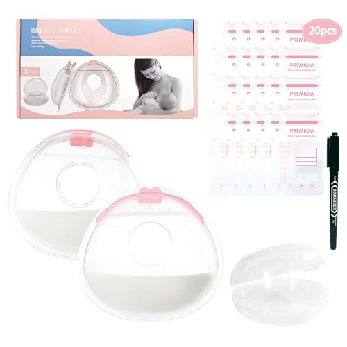 Oiomniv Milk Collector 2PCS Milk Collection Shells Reusable Breast Shells Silicone Breastmilk Collection Cups Milk Saver BPA Free for Breastfeeding with 20 PCS Breastmilk Storage Bags 1 Storage Box