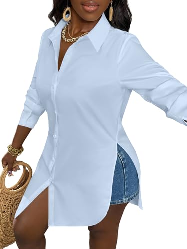 Image of LYANER Women's Collar Neck Long Sleeve Button Down Shirts Sexy Split Hem Tops Long Blouse Shirt Dress