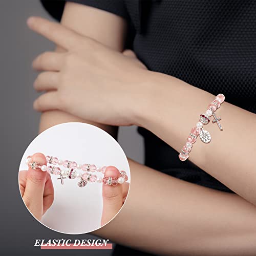 Junkin 30 Pcs Beaded Stretch Rosary Bracelet with Mesh Bags Catholic Bracelets for Women Girls Religious Rosary Bead Pink Bracelet Crucifix Medal Catholic4