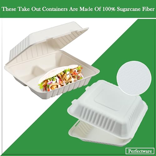 Perfectware PW3COMPTBAGASSE-25CT 100% Compostable 3 Comp Take Out Food Containers 9X9". 25 Containers thumb #3