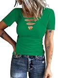 Poetsky Women's Sexy Low Cut Short Sleeve Shirts Summer Deep V Neck Criss Cross Tunic Tops Ribbed Knit Slim Fitted Tee Green XL