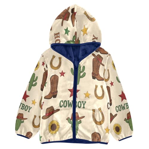 Cowboy Theme Pattern Design Toddler Fleece Jacket Girl Boys Hooded Fleece Jacket Coat Warm Outwear Zip-up 3-10T