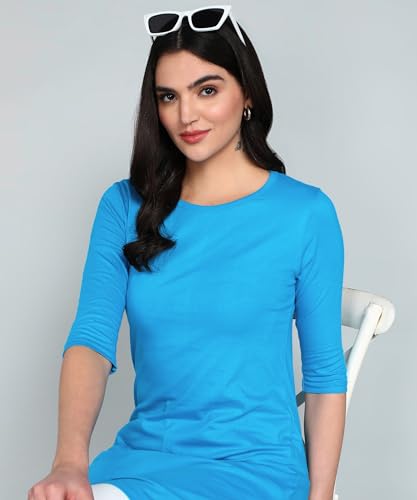 Image of FLEXIMAA Women's Cotton Plain Round Neck 3 /4 Sleeve Long Top