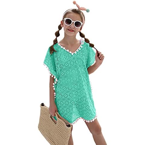 DUSISHIDAN Girls Cute Solid Color Swimsuits Coverups Wraps Beach Dress with Pompom Tassel Green Cover
