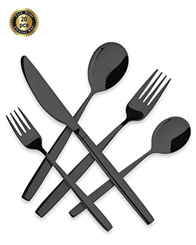 HF HOFTEN Black Silverware Set, 20 Piece Stainless Steel Flatware Set Include Fork