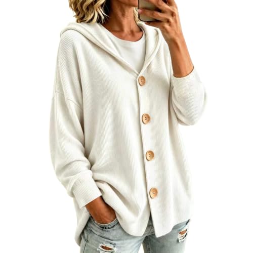 Women Hooded Button Front Knit Cardigan 3/4 Sleeve Loose Soft Sweater