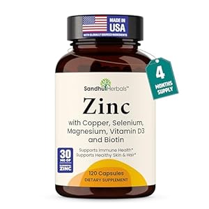 Zinc 30mg with Copper, Selenium & Vitamin D3 | 120 Capsules | Magnesium, Vitamin B6, Biotin Complex | Absorbable Chelated Zink Supplements for Men & Women | for Hair, Skin, Nails & Immune Support