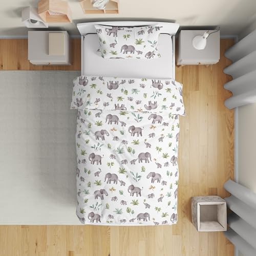 Image of Sweet Jojo Designs Watercolor Elephants Boy Girl Gender Neutral Toddler Bedding Set Kids 5p Bed in a Bag Comforter Blanket Pillowcase Sham Sheets Green Grey Jungle Safari Palm Trees Tropical Nature