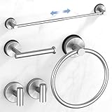 Brushed Nickel Suction Cup Bathroom Accessories Set,Towel Racks for Bathroom,5 Piece Bathroom Hardware Set Restroom Accessories,Includes 24" Towel Bar,Towel Ring,Toilet Paper Holder,Suction Cup Hooks