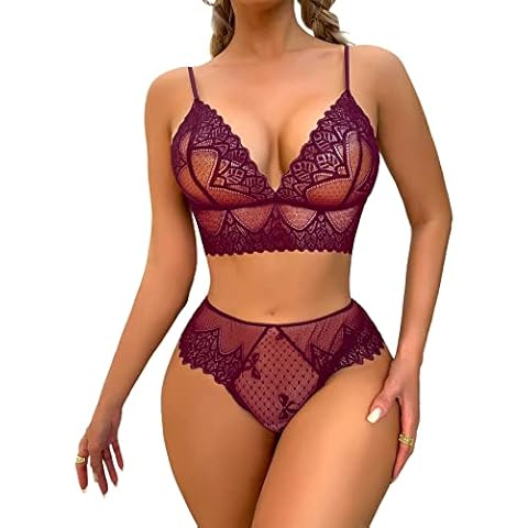 RSLOVE Women Lingerie Set Floral Lace Mesh Nightgown Sexy Babydoll Wine Red XX-Large Cover