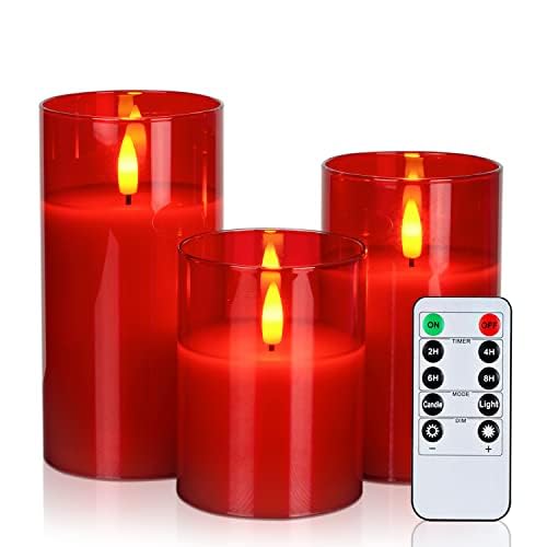 Homemory Red Glass Flameless Candles Flickering, Battery Operated LED Pillar Candles with Remote Control and Timer, Fake Electric Candles, Real Wax, 3D Wick, D3 xH4 5" 6", Set of 3