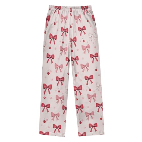 Pajama Pants Lounge Sleep PJ Bottoms Sleepwear Elastic Waist Drawstring S Bow Cherry2
