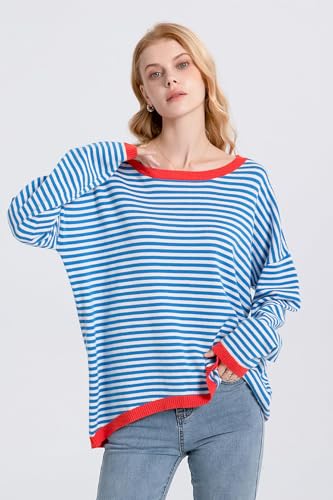 Image of Womens Striped Lightweight Cotton Sweaters Long Sleeve Crew Neck Color Block Casual Knitted Pullover Tops