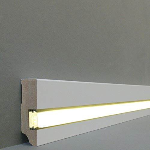 Battiscopa LED e battiscopa "Brühl" MDF laminato, 721.1958L, battiscopa LED, barra luminosa, con copertura bianca, battiscopa professionisti, colore bianco