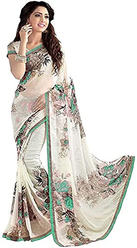 Sari Georgette blanc et vert pour mariages et cérémonies indiennes