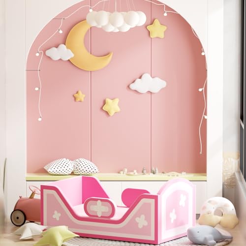 Image of weeonekids Toddler Bed, Child Bed for Kids with Extra Safty Broad, Standard Crib Size Toddler Bed, Certified Fabric Toddler Beds,Toddler Flood Bed (Rainbow Pink)