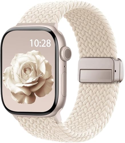 GAYA Braided Stretchy Band Compatible with Apple Watch Bands 38mm/40mm/41mm/(42mm-Series 11 10) Soft Nylon Solo Loop Magnetic Sport Strap for iWatch Series 11 10 9 8 7 6 5 4 3 2 1 SE (Starlight)