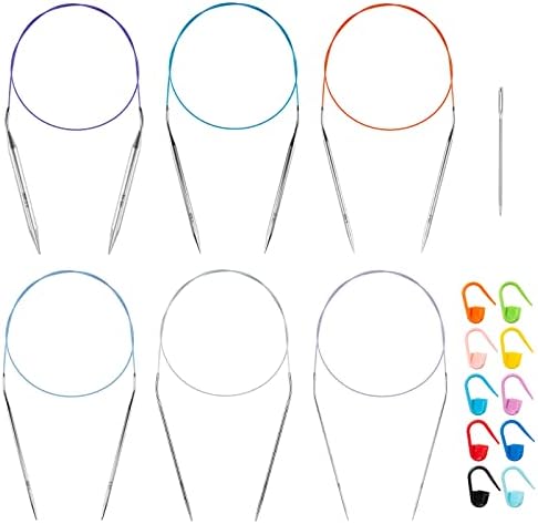 32 inch Stainless Steel Circular Knitting Needles Set for Beginners, 6 PCS US Size 0 2.5 6 8 10 13 Round Metal Knitting Needles with Magic Loop, Fixed Circle Needles for Sock, Blankets, Sweater, Scarf