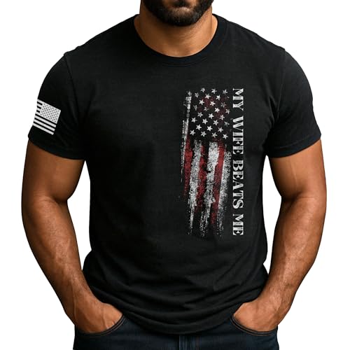 My Wife Beats Me Shirt American Flag Husband and Wife Shirts Husband Shirt for Men 2 (Black-M)