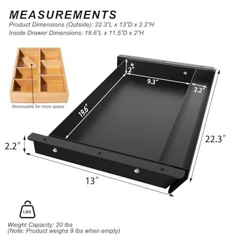 Image of Large Under Desk Mounted Sliding Drawer with Bamboo Tray and 60 Degree Tilt Panel to Pull Out, 22'' Long & 13'' deep Large Storage Organizer for Sit Stand Workstation