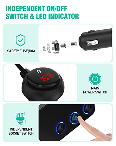 [Updated Version]Quick Charge 3.0 Cigarette Lighter Adapter, 180W 12V/24V 3-Socket Power Splitter Dc Outlet With 8.5A 4 Usb Ports Multifunction Car Charger, Led Display Voltage, Upgraded On Off Switch #TOP5
