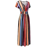 OUGES Sommerkleid Damen Kurzarm/Langarm V-Ausschnitt Kleid Casual Kleider Maxikleid mit Taschen – Bild 3