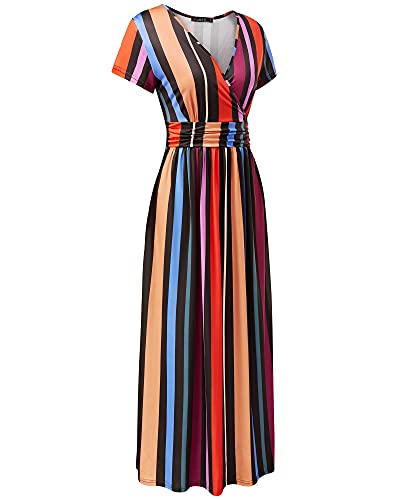 OUGES Sommerkleid Damen Kurzarm/Langarm V-Ausschnitt Kleid Casual Kleider Maxikleid mit Taschen – Bild 4