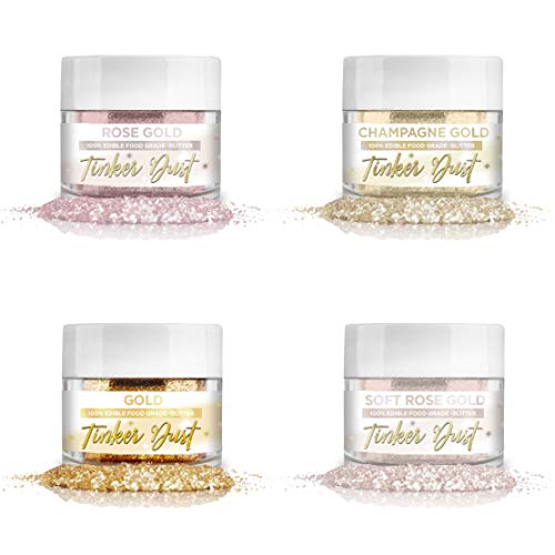 BAKELL 4 pc Elegant Gold & Rose Gold Edible Glitter Set, 5g Jars | Tinker Dust Edible Glitter | KOSHER Certified | 100% Edible Glitter | Cakes, Cupcakes, Cake Pops, Desserts & Desserts