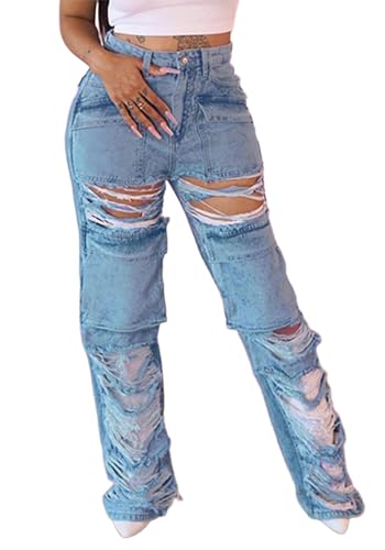 Unybwonn Ripped Jeans Womens High Waisted Distressed Boyfriends Denim Pants Straight Leg Baggy Slim Fit Cargo Pants
