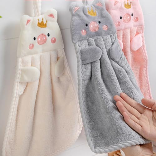 Toallas de mano de coral fleece súper absorbentes con bordado de cerdito y lazo para colgar, 4 ud 5