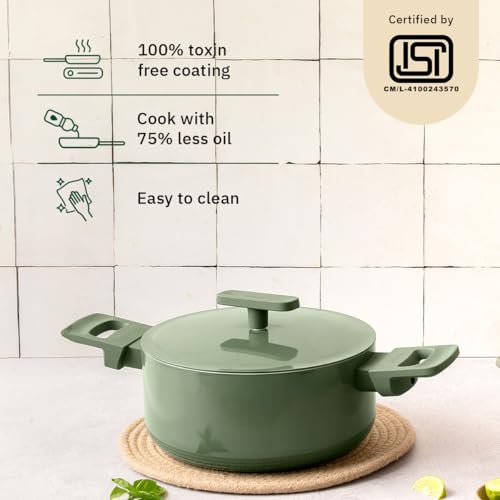 Image of Ember Cookware Arcilla Ceramic Dutch Oven 20 cm, 2.6L with Metallic Lid | 75% Less Oil Usage | Lightweight, Non Toxic Pot | ISI Certified | Ceramic Cookware | Biryani Pot | PFAS & PTFE Free | Green