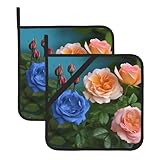 Garden Roses - Juego de 2 agarraderas resistentes al calor, impermeables, almohadillas calientes para cocina, lindas almohadillas calientes con lazo para cocinar, hornear, barbacoa, parrilla, 8 x 8