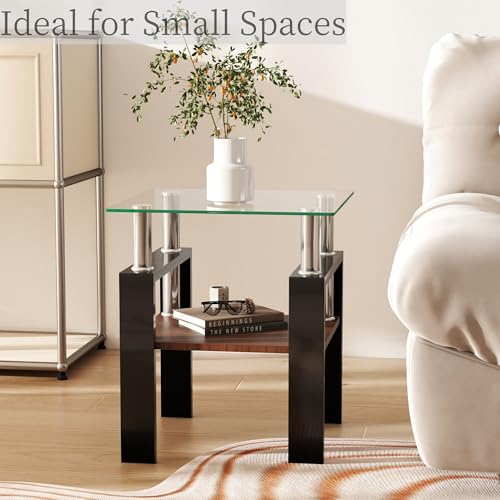 Image of Meihua Glass End Table, Square Glass Side Table, 2-Tier Modern Nightstand with Metal Legs for Living Room&Bedroom (Transparent+Brown, Set of 2)