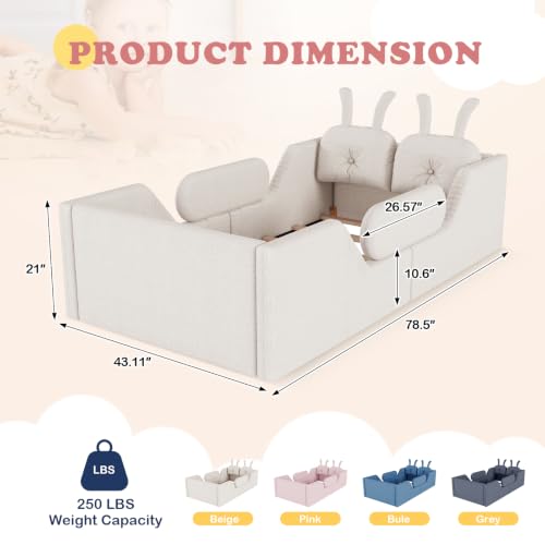 Image of Twin Bed Frame for Kids, Floor Platform Bed Rabbit, Beige