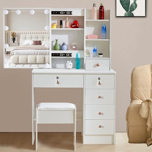 Vanity Set with Lighted Mirror, Vanity Desk with Three Level Stor...