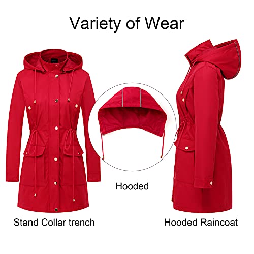 Creatmo Us Women Solid Jacket Adults Long Sleeve Trench Coat Windbreaker Lightweight Packable Rain Coats Red M #TOP2