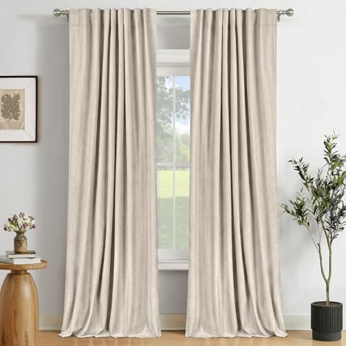 100% Blackout Shield Linen Blackout Curtains for Bedroom 84 Inches Long, Back Tab/Rod Pocket Living Room Drapes, Thermal Insulated Blackout Curtains 2 Panels Set, 50' W x 84' L, Natural