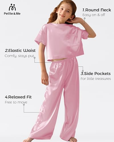 Petite&Me Silk Girls Pajamas Kids/Teens 2 Pieces Lounge Sets Short Sleeve Top & Wide-Leg Pants Soft Pjs Loungewear2